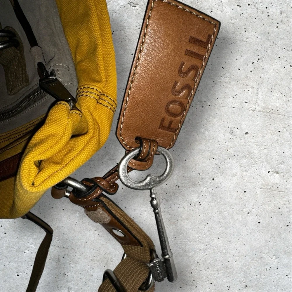 Vintage Fossil Cargo Shoulder Bag Purse Utility Hobo Canvas‎ Safari Yellow - Picture 5 of 16